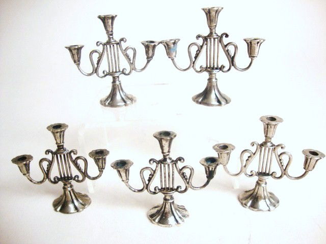 Meyers Five Music Lyre Duncan Phyfe Candelabra: Five lyre-shaped Duncan Phyfe candelabra New York 1751, 2"H, marked "M" Sterling hand made (one is not marked) These were part of the Loan Exhibition of Miniature Furniture held in 1947 at The Manor H