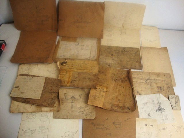 Meyers Original Hand Drawn Designs: Assortment of Meyers' original hand drawn designs for a George III oval sugar and creamer, Paul Revere pitcher, menorah, tankard, supper dish, Queen Ann tea set, George II candelabra, brandy warmer, a