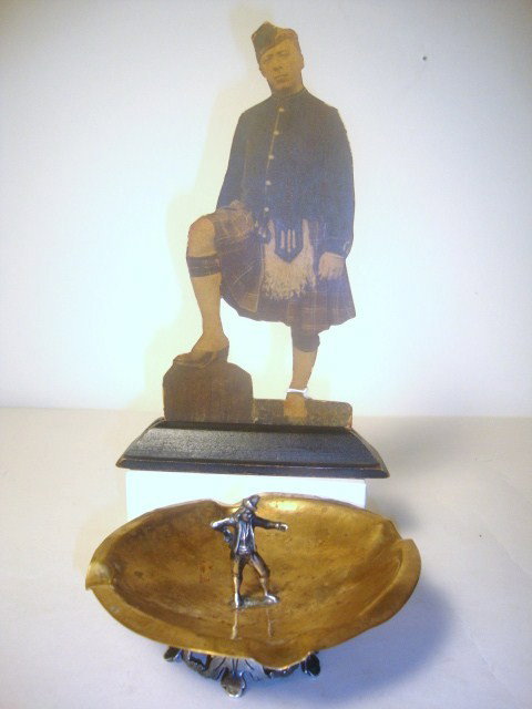 Meyers Scottish Cut-out Figure and Copper Dish: Meyers Scottish cut-out figure 8"H and whimsical copper and sterling ash tray with full-bodied man, copper tray, and openwork on base.Unmarked, 2.5" x 5"
