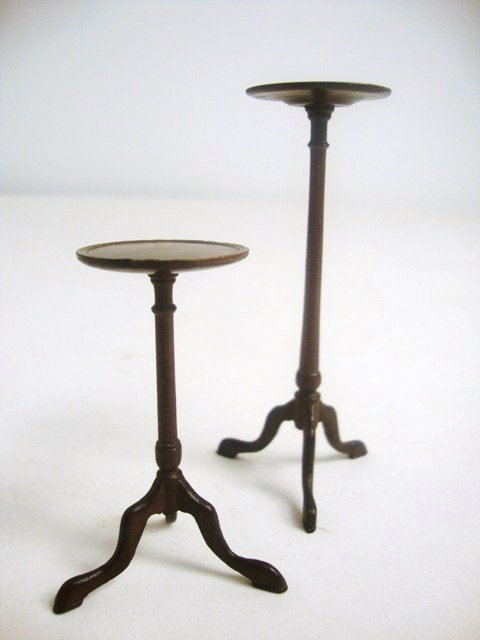 Pair of Eric Pearson Tables: A tall mahogany plant stand 3.25" H and a similar candlestand 2" with broken foot which is missing. Condition of both otherwise excellent.