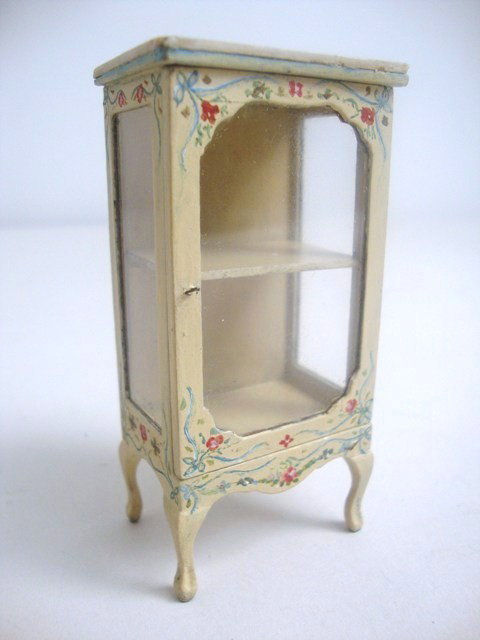 Eric Pearson French Curio Cabinet: Small custom Louis XV curio cabinet with one shelf, glazed door and sides, marble top and painted overall with French grey paint and floral details. Pristine. 3 3/8" H, 1 5/8" W, 1 1/8" D.