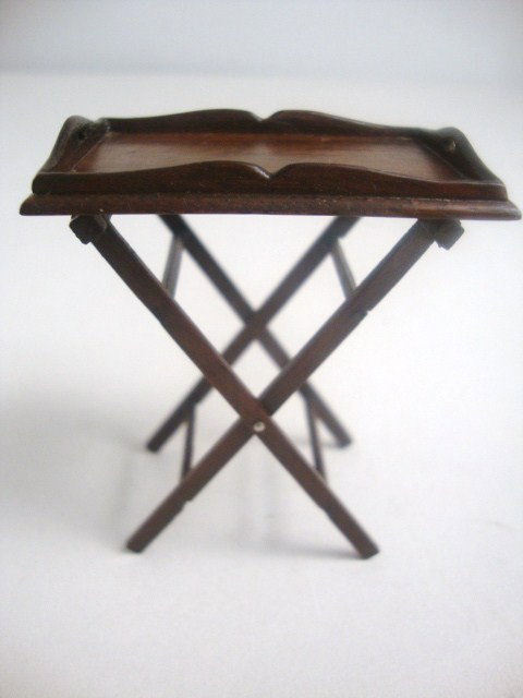 Eric Pearson Serving Tray and Stand: Mahogany serving tray and finely crafted folding stand. Tray 2" L and 1.25" W, the stand is 2.25" H.