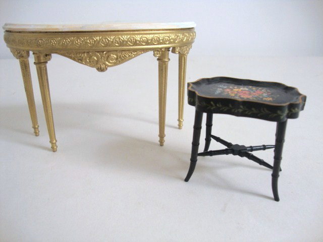 Daniel McNeil Demilune Table: An attractive Louis XVI gilt demilune table with faux marble top by Daniel McNeil of the Lawbre company (one leg reglued) 4.5" L and 3" H, and a hand-painted papier mache tray table by Rosemarie Torre