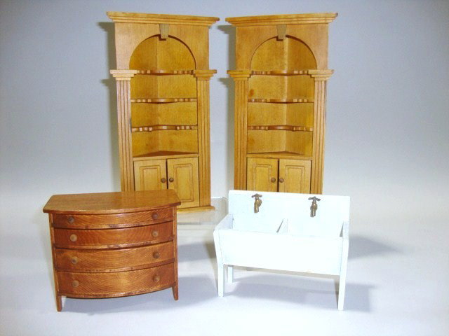 Rare Tynietoy Laundry Sink and Corner Cupboards: Rare and all original Tynietoy double basin laundry sink with original spigots 4.25" L and 3.5" H with a Mel Davey Sheraton dresser identical to Tynietoy 4.25" L, 3.5" H, 2.5" D. Also a pair of later 