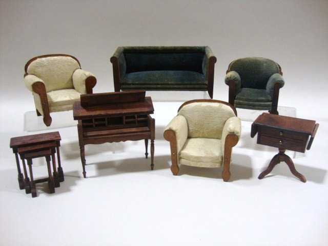 German Red Stain Parlor Furniture: A vintage German sofa 6.5" L, 3" H and matching armchair, both with original green velvet upholstery, a similar pair of chairs reupholstered, a desk, sewing table and unusual set of three nesting tabl
