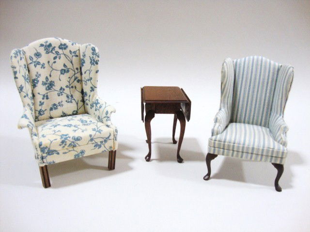 Ted Norton Drop-leaf Table: A small mahogany Queen Anne occasional table with drop-leaves on each side 2.25" H and W, 2.75" L when open. Also two wing chairs by Anne Ruff.