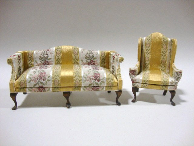 Susan Hoeltge Seating Group: A Chippendale settee just over 6" L and 3" H (one rear leg chipped inside), and a matching wing chair, both signed by Susan Hoeltge 1982.