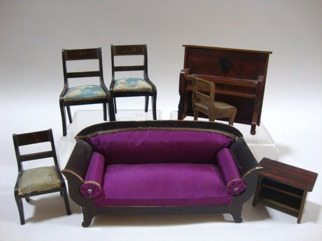 Waltershausen Settee and Piano: An antique German Biedermeier settee 7" L (reupholstered and missing some trim), a small upright piano 4.5" L, 4" H (missing a trim piece), a small faux rosewood stand, and four Waltershausen chairs i