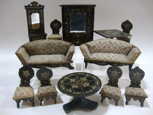 Antique German Parlor Suite: A large set of matching antique German parlor furniture comprising a pair of settees 5.5" L (one has replaced front legs and the other has faded upholstery) two tables (one with replaced pedestal base