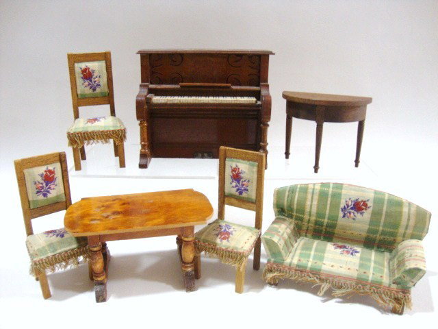 Vintage Parlor Set: Sweet homemade parlor set comprising a settee 5.5" L, chair 4.5" H, an unrelated demilune table, and a rather nice oak piano with fretwork decoration and small chip on top.
