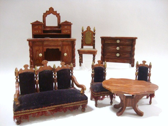 Schneegass Parlor Suite: Repainted with faux-graining, a Schneegass parlor suite including a settee 6" L, 4.5" H, sideboard, chest of drawers and three chairs.