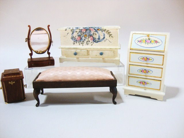 Artisan Painted Furniture: Pretty painted dower chest 3.75" L, 2.25" H, 1.5" D by Diane Voskuhl, a small desk signed "Lucy" '94, a bench by Nellie Belt, an unsigned dressing mirror and a tantalus.