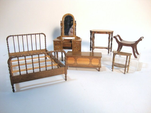 Robert Carlisle Bedroom Suite: 1920's spool bed 6.5" L, 4.5" W and 3.5" H, dressing table, two side tables, bench and blanket chest, some with contrasting wood inserts. Very pretty.