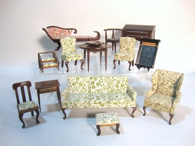 Large Lot of Sonia Messer Furniture: A generous assortment of Sonia Messer upholstered furniture with a sofa 6.75" L, matching chairs, footstool and bedsteps, a walnut dropleaf desk, mirror, one-drawer stand and a Recamier. Some fabric f