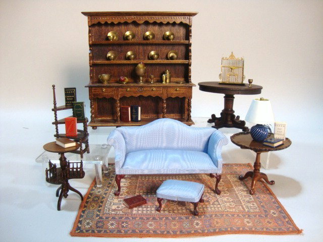 Welsh Dresser and Seating Group: A commercial Welsh dresser 6.5" H and W, a blue settee with matching footstool, three tables including a booktable, library steps, a lamp and other accessories.