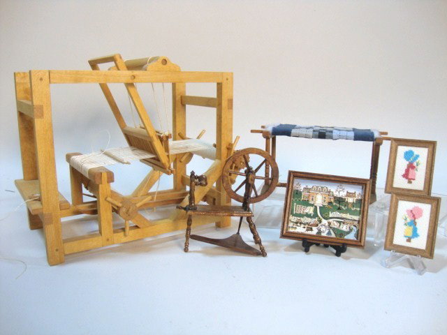 Warren Dick Floor Loom: A working floor loom 8" L, 6.5" H and 4.5" W by Warren Dick, plus an artisan spinning wheel, an Amish quilt in progress on frame and three pictures.