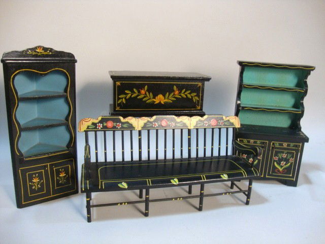 Larger Scale Penn Dutch Furniture: Vintage Royal Sealy Pennsylvania Dutch furniture made in Japan including a settee 10" L, 5" H, blanket chest (one hinge broken), corner cupboard and dresser. Some paint loss on most pieces.