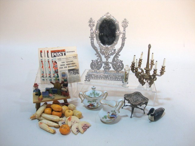 Large Schweizer Dressing Mirror: A large soft metal German mirror 5" H, 3" W by Babette Schweizer, a chandelier, small silver filigree table, a child's play table with wooden toys, miniature periodicals, Staffordshire cream and sugar