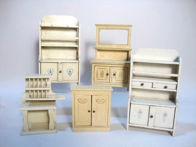 Gottschalk Kitchen Furniture: Two painted kitchen cupboards, a dressing table, small cupboard and a nice drainboard 5" H, 3" W. Minor paint loss.