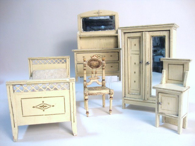 Gottschalk Bedroom Furniture: Nice set of German bedroom furniture including an armoire 7.5" H, bed (slight damage and wear), dressing table, bedside stand and a rare Paul Leonhardt chair with some paint loss.
