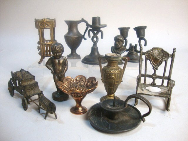 Vintage Metal Collection: Ten metal miniatures two statues, copper compote, candle, pair candles, chair, etc. 2" tallest chair