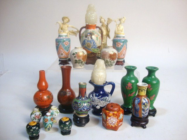 Oriental Vases and Figures: Twenty-six oriental vases, some Bakelite style, plastic figures, Japanese pieces, wonderful Limoges small vases, great grouping 3" tallest figure, Satsuma