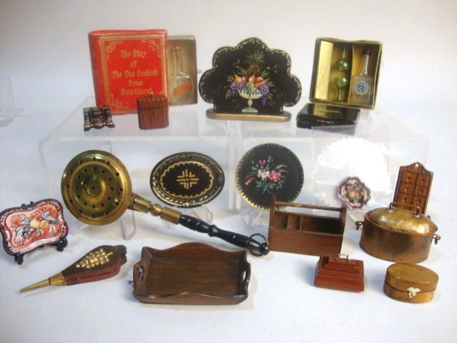 Country Items Natasha Tray: Decorated screen and tray, one liquor by Natasha, bedwarmer, two sets of bottles, German in original box, 1" x 2" x 2 1/2", one has bottle & glasses, other two bottles, "The Story of the Two Swallows"