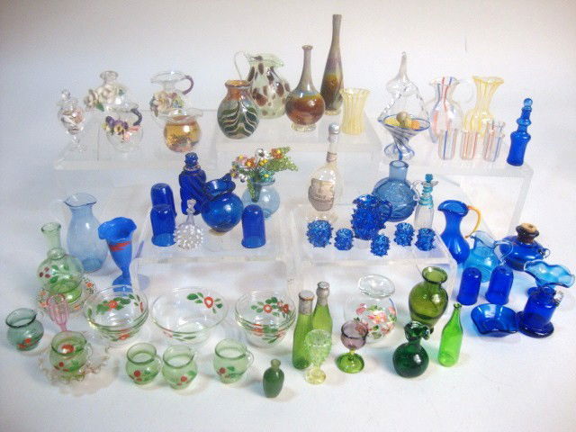 Art Glass: Over 60 pieces of various art glass, some vintage, some contemporary, glass sets, baskets, vases, cobalt, multi-colored swirl vases, floral, etc., perfect for your dollhouse kitchen or dining room 2"