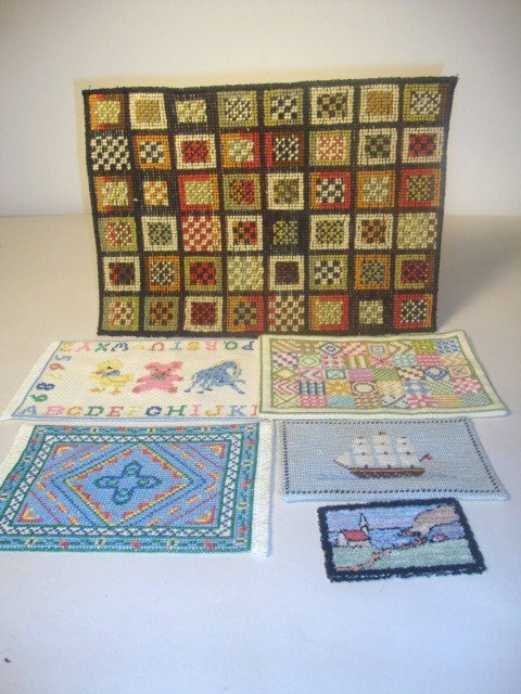 Needlepoint Rugs: Six miniature needlepoint rugs, brown patch, alphabet, ship & scenic pieces, largest 7.5" x 10"