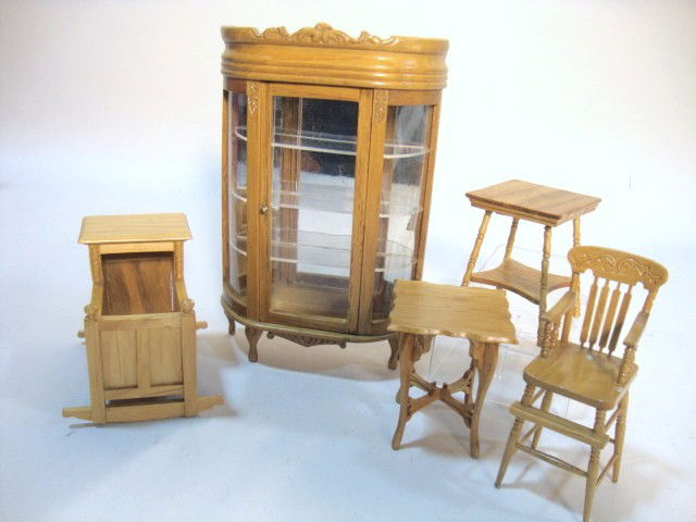 Reminiscence Furniture: Reminiscence oak style furniture: china 5.75" H, high chair, two fancy lamp tables, and crib. All with golden oak stain.
