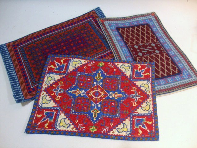 Needlepoint Oriental Rugs: Three needlepoint oriental rugs, 7 x 10" largest