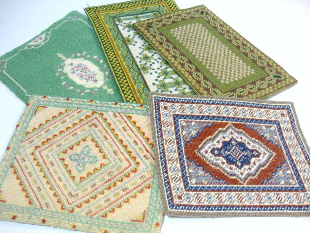 Needlepoint Oriental Rugs: Five needlepoint oriental rugs 9 x 5" largest, two Chinese style