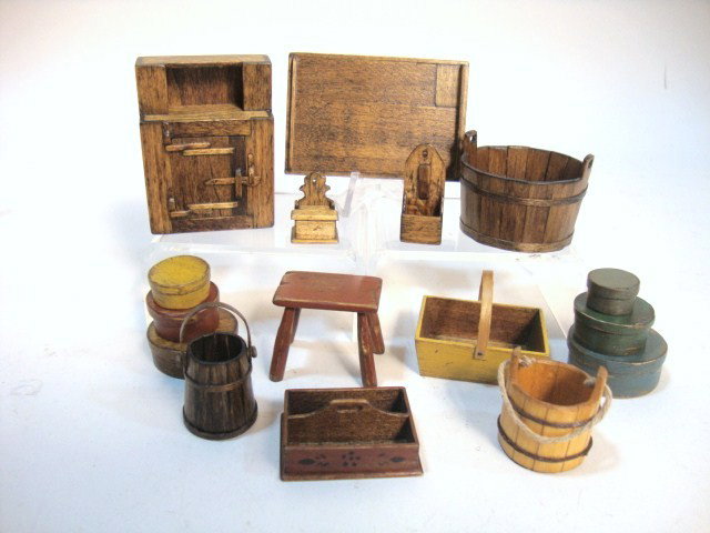 Painted Pantry Boxes: A lot of country wooden accessories including painted pantry boxes by Barbara Davis, a wonderful wall cupboard with wooden hinges 2" H, 1.5" W, washtub, firkins, etc.