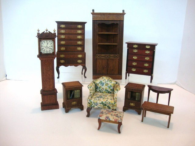 Block House Furniture: Ten pieces Block House Furniture, FAO Swartz Grandfather Clock in original box, corner Cupboard, Highboy, Tables, chairs, etc.
