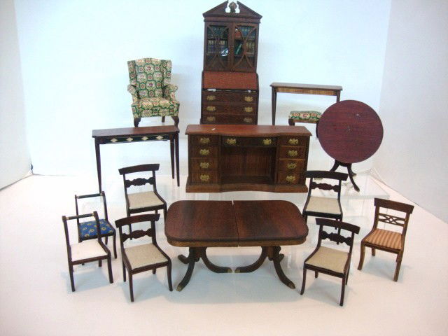 Block House Furniture: Fifteen Pieces Block House Furniture: Dining Room Set, Governor Winthrope Desk, Chairs and Stool, Tilt-top table, side tables, etc.