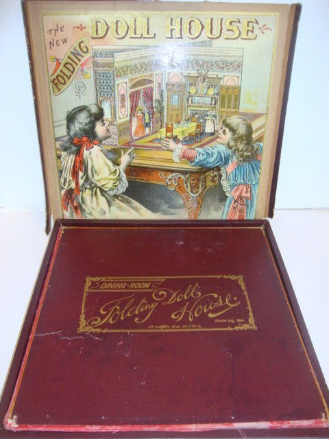 McLoughlin New Folding Doll House: McLoughlin New Folding Doll House, Wonderful Vintage box that opens to doll house rooms, with incredible lithos for each room, all folds into a flat box, with gold gilted printing. 13 x 13