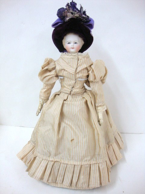 Parian with Painted Gray Eyes: Blond, Gray Eye 10" Parian on Good, Early Kid Body w/ Stitched Fingers. Dressed in Lovely /vintage Fabric.