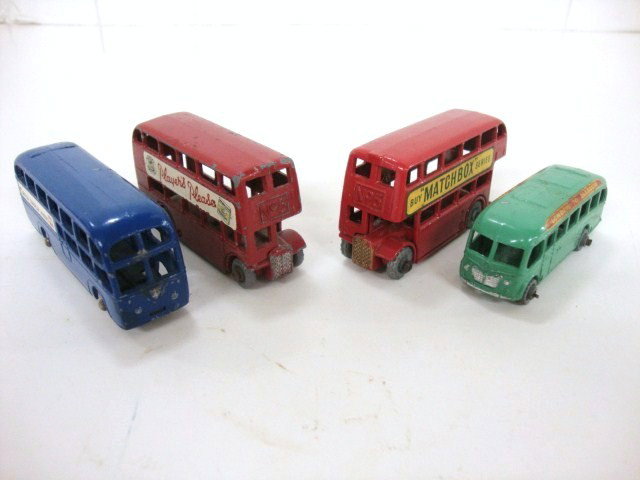 Vintage Matchbox Bus Lot: #38 Bea Coach, 2 London Double-Decker Routemaster buses, early London to Glasgow Route bus