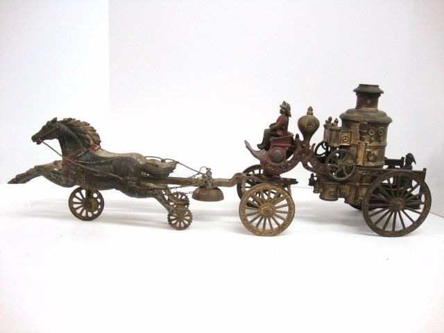 Ideal Cast Iron Horse Drawn Fire Engine: Early Ideal Cast Iron Fire Pumper w/gong, 2 horses, 2 firemen, 24" (l), by Dent Hardware Co.