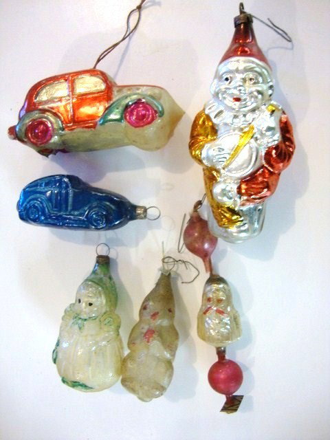 Antique Car, Bunny, Little Girl Christmas Ornament: Antique Blue Car, Rabbit, Little Girl & Santa Beading Christmas Ornaments, 4 1/2" tallest, 6 pcs.