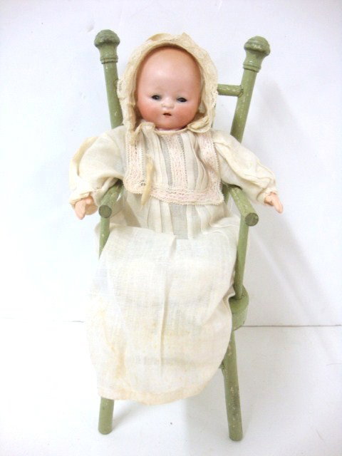 Louis Amberg 371 Baby: L.A.&S 371 Solid Dome Baby on Cloth Body, Sleep Eyes, Comp Hands, Probably Original Clothing, in His Little Chair