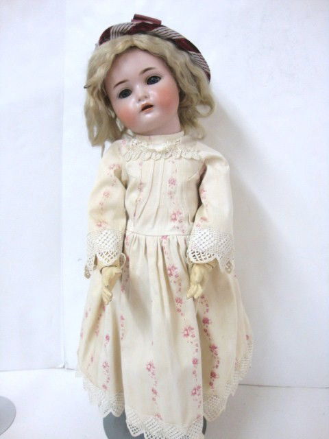 K * R ~ Simon Halbig Child: K * R ~ Simon & Halbig, 27" Child on Jointed Body. Blue Sleep Eyes, Open Mouth w/ 4 Teeth, Pierced Ears, Original Wig, Nicely Dressed, Old Boots. Ear Chips.