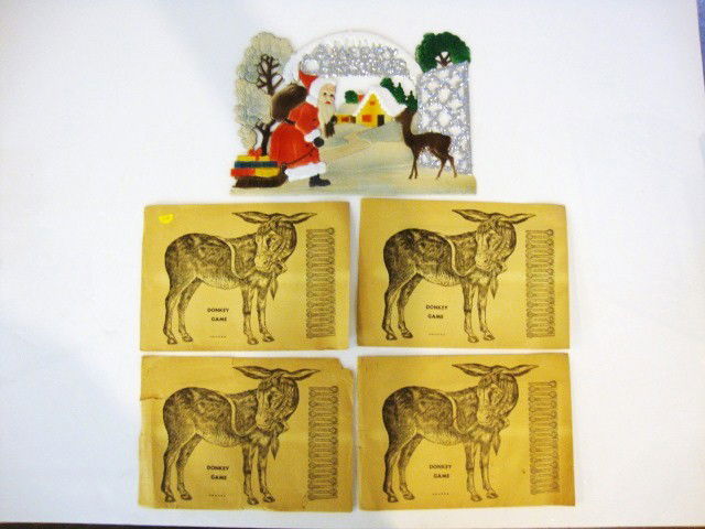 Pin the Tail on the Donkey Game: Pin the Tail on the Donkey Game in original paper envelope 10 x 7 1/2 ", and Press Cardboard Santa