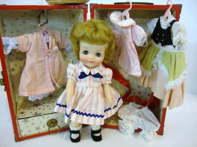 Effanbee Fluffy: Effanbee Fluffy 8" 1954 w/3 outfits in red vintage trunks, wears pink & white striped dress