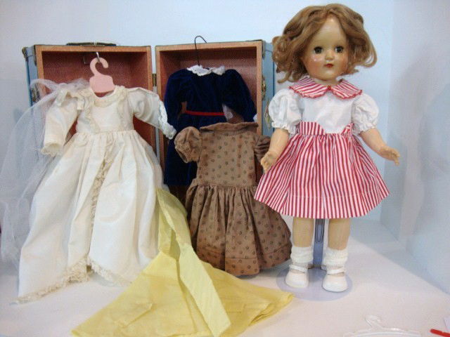 Ideal Toni P-91: Ideal P-91 Toni w/original blue case w/2 dresses, bridal gown & raincoat, trunk 8 " x 14" (h)