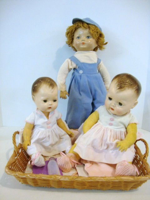 American Character Tiny Tears etc.: American Character Tiny Tears, Painted Hair, both 13" & 15" with original dresses, & Effanbee 18" Brother composition face and hands, cloth body, painted eyes, Yarn Hair , older clothing