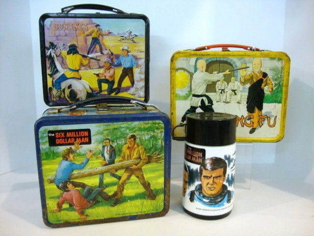 Three Vintage TV Show Metal Lunch Boxes Bonanza, S: Lot of 3 Vintage Television Programs Tin Lunch Boxes, BONANZA has embossed front and back, made by Aladdin, missing thermos, SIX MILLION DOLLAR MAN, raised embossed front and back, a lot of wear on ou