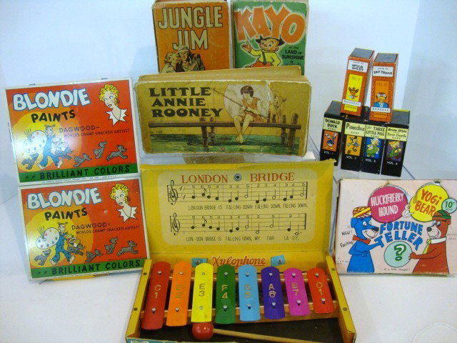 Vintage Child's Game and Book Lot: Jungle Jim and Kayo Big Little Book, Little Annie Rooney Book, 6 small card game sets including 3 Little Pigs, Wild West, Pinocchio, Snow White, Donald Duck, and Sky Trails, 2 Blondie Paint Sets 1946,