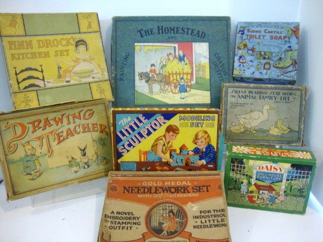 Vintage Toy and Game Boxes: Lot of Vintage miscellaneous empty toy boxes including Daisy Doll House Furniture, Kiddie Castile Toilet Soap, Ann Druck's Kitchen Set, the Little Sculptor Molding Set, Gold Metal Needlework, Silent R