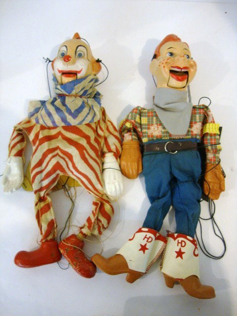 Howdy Doody & Clarabelle Puppets: Peter Puppets, Howdy Doody and Clarabelle Puppets both 13 1/2", working order, Good composition